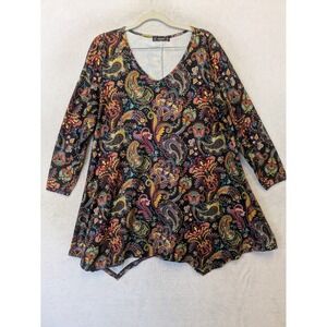 Enmain Tunic Top Women\'s XL Multicolor Paisley 3/4 Sleeve V-Neck Sharkbite Hem